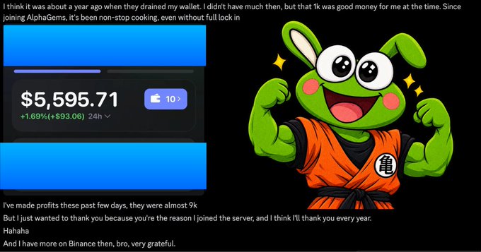 A graphic showing a crypto wallet balance of $5,595.71 with a +1.69% gain alongside a cartoon green rabbit in an orange martial arts outfit, accompanied by a testimonial about profits.