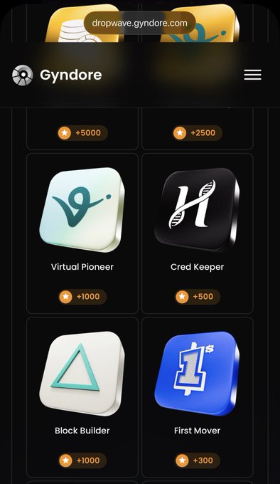 The image shows a mobile interface for the Gyndore platform (dropwave.gyndore.com), featuring four collectible chips available in the drop: "Virtual Pioneer" (+5000/+1000), "Cred Keeper" (+2500/+500), "Block Builder" (+1000), and "First Mover" (+300), with point values displayed on each tile to incentivize $cred holders to collect their chips.