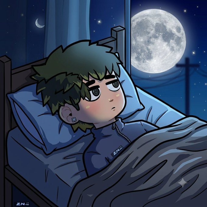 A digital anime-style illustration of a young boy with green hair lying in bed, looking out a window at a large full moon and starry night sky, with the watermark 'Z.N' visible in two corners.
