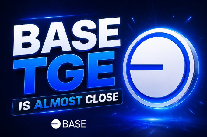The image features a blue circle with a white "O" inside of it, which appears to be floating against a dark background. The text above the circle reads "BASE tGE is almost close", indicating that the Base ecosystem is getting closer to an important event or milestone.