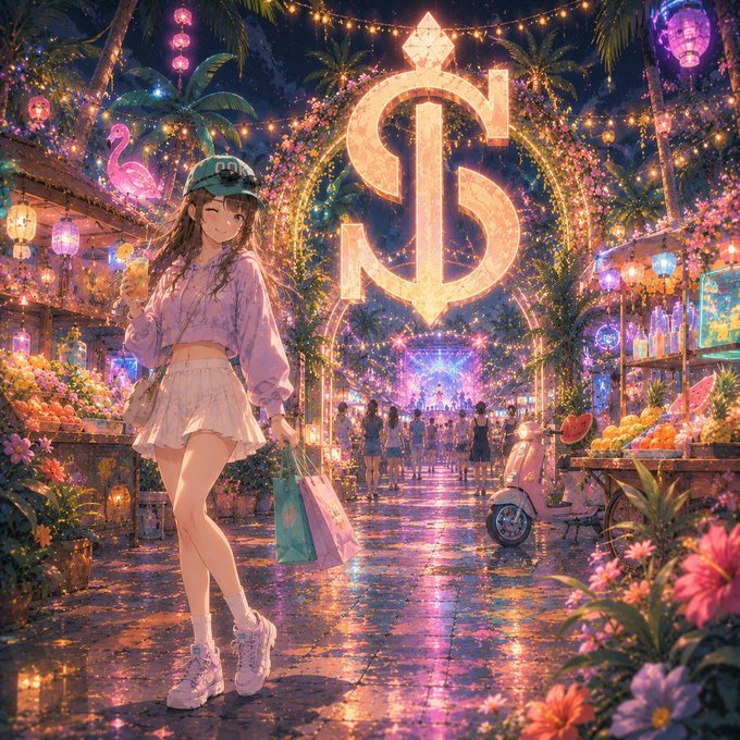 Vibrant anime-style illustration of a smiling girl in a purple hoodie, white skirt, and baseball cap walking through a colorful night market illuminated by pink lanterns and featuring a large golden dollar sign.