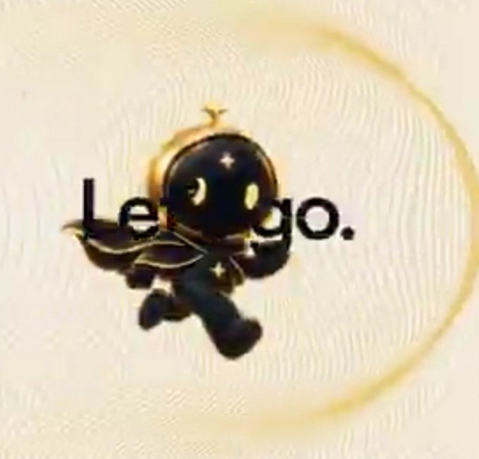 A character with a starry black body, crescent moon on its face, and a flowing cape, overlaid with the text 'Let's go.' on a light background.