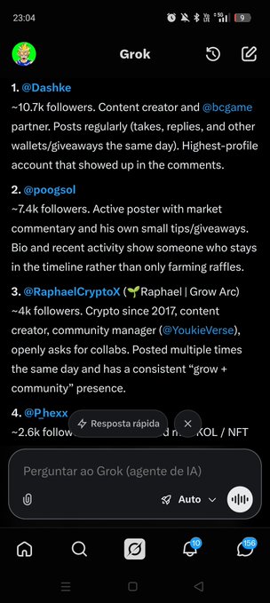 A screenshot of the Grok AI app shows an analysis of crypto influencers, listing @Dashke, @poogsol, @RaphaelCryptoX, and @Phexx with follower counts and activity descriptions in Portuguese.