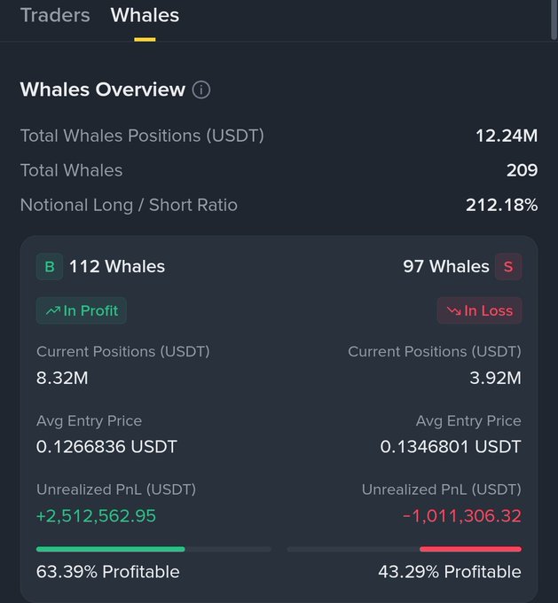A "Whales Overview" dashboard showing trading statistics including Total Whales Positions of 12.24M USDT, 209 whales, and a 212.18% Notional Long/Short Ratio, with 112 whales in profit (+2,512,562.95) and 97 in loss (-1,011,306.32).