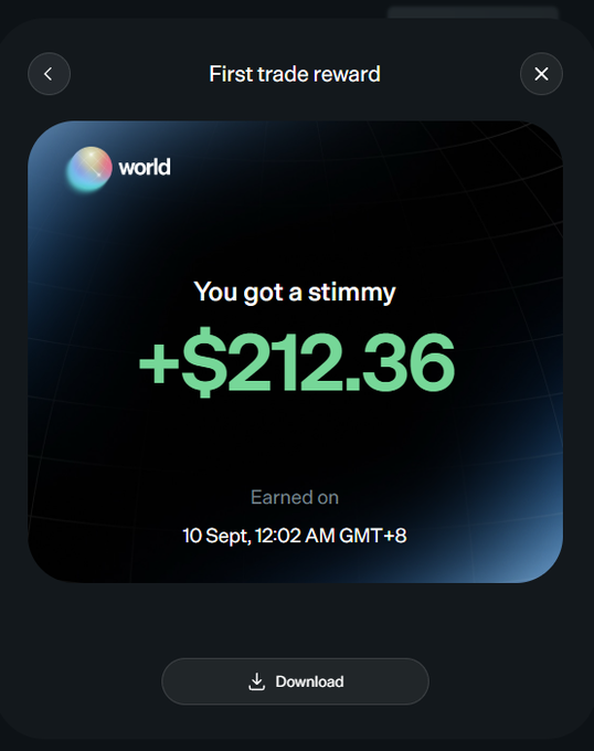 A mobile app screen titled 'First trade reward' displaying a 'world' platform notification that reads 'You got a stimmy +$212.36' earned on 10 Sept, 12:02 AM GMT+8.