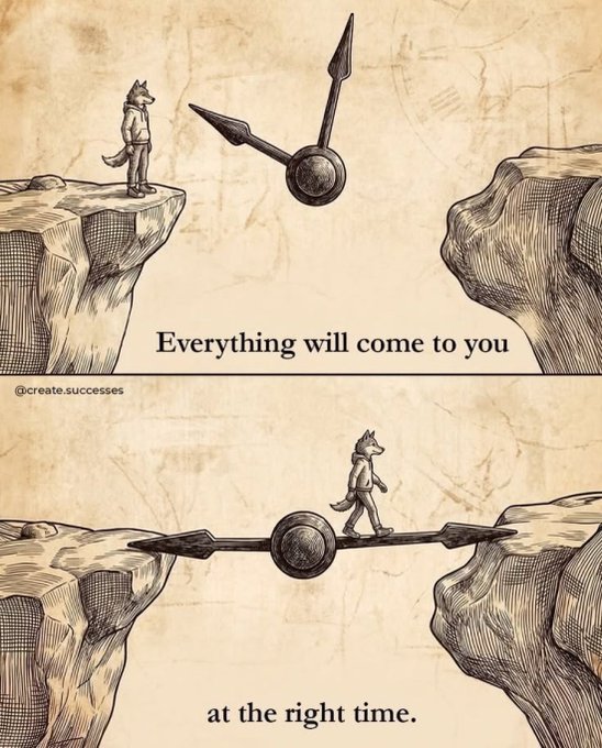 A two-panel illustration showing a wolf-like character on a cliff as the clock hands form a bridge, with text reading 'Everything will come to you' and 'at the right time.' by @create.successes.