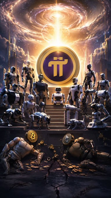 A fantastical scene features a lineup of humanoid robots standing before a glowing golden Pi (π) cryptocurrency symbol, with broken robots and gold coins scattered at their feet.