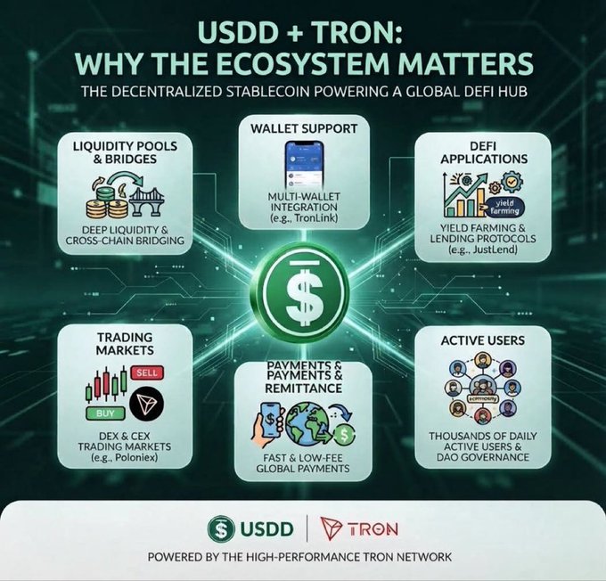 An infographic titled 'USDD + TRON: WHY THE ECOSYSTEM MATTERS' detailing features like Liquidity Pools, Wallet Support, DeFi Applications, Trading Markets, Payments & Remittance, and Active Users.