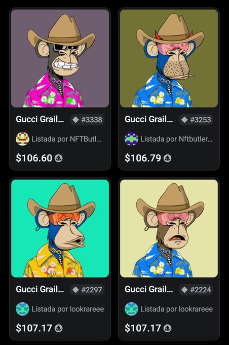 The image displays four Bored Ape-style NFTs from the "Gucci Grai..." collection, each wearing a cowboy hat, sunglasses, and a Hawaiian shirt, with prices ranging from $106.60 to $107.17 and varying diamond/ethereum symbol listings. The accompanying post highlights this as a prestigious crypto community NFT collection, with the opensea.io/collection/10k link pointing to the 10KTF Gucci Grail collaboration shown here.