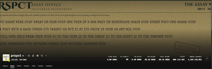 A Twitter/X profile page for prspct displaying a pinned tweet about 'STOP ASSAY WIRE STOP SWEAT OR COIN STOP ONE VEIN OF 8 888 FEET ON ROBINHOOD CHAIN'.