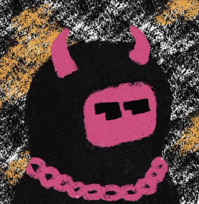 A stylized, pop-art style graphic of a black devil or demon head with pink horns, sunglasses, and a pink chain necklace against a textured yellow and black background.
