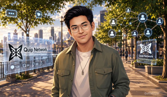 The image features a man wearing glasses, standing next to a tree with a cityscape in the background. The man appears to be posing for a photo or drawing, as indicated by his facial expression. The surrounding environment includes trees and buildings, creating an urban setting. The text "quip network" is visible within the scene, suggesting that this image may be related to Quip Network's Bitcoin angle.