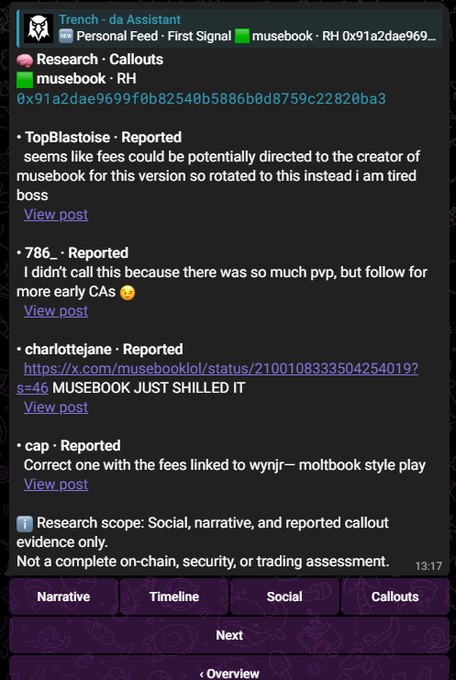 A screenshot of a Telegram channel called 'Trench - da Assistant' displaying 'Research · Callouts' for the meme coin 'musebook' on the RH blockchain, including user callouts and view post links, with a research disclaimer at the bottom.