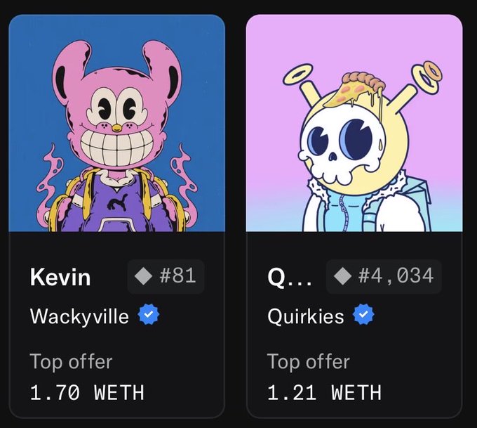 This image shows two NFT listings displayed side by side: a Wackyville NFT titled "Kevin" (#81) with a top offer of 1.70 WETH, and a Quirkies NFT (beginning with "Q...") (#4,034) with a top offer of 1.21 WETH. The post suggests these are treasured ("grails") collectibles from the @wacky_ville and @quirkiesnft collections, implying that even with lower-than-expected WETH bids, these iconic NFTs won't be sold.