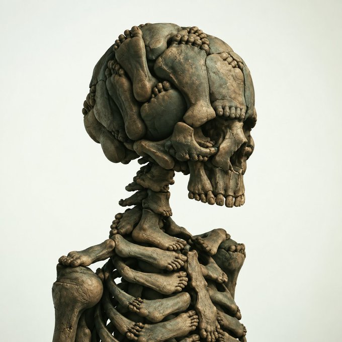 A surreal bronze sculpture depicts a human skull and skeleton formed entirely from intricately intertwined feet, evoking themes of human interconnectedness and bodily complexity. The post references an artist @osseneth, indicating the image is an artist's reimagined, more elaborate version of their profile picture.