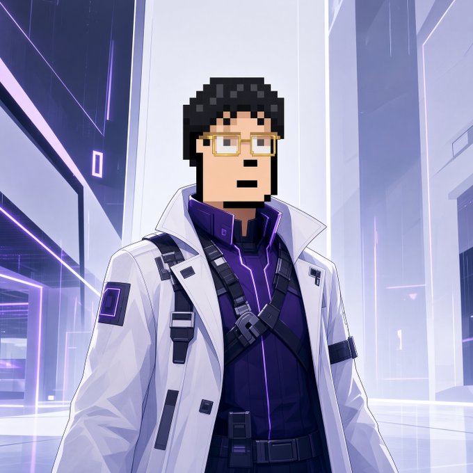 Anime-style illustration of a man in a white tech jacket with a pixelated face design, set in a futuristic neon city.
