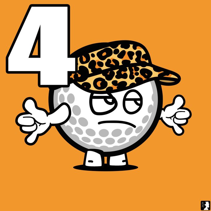 A cartoon illustration of a grumpy golf ball character with arms and legs, wearing a leopard-print cap, standing next to a large white number "4" on an orange background.