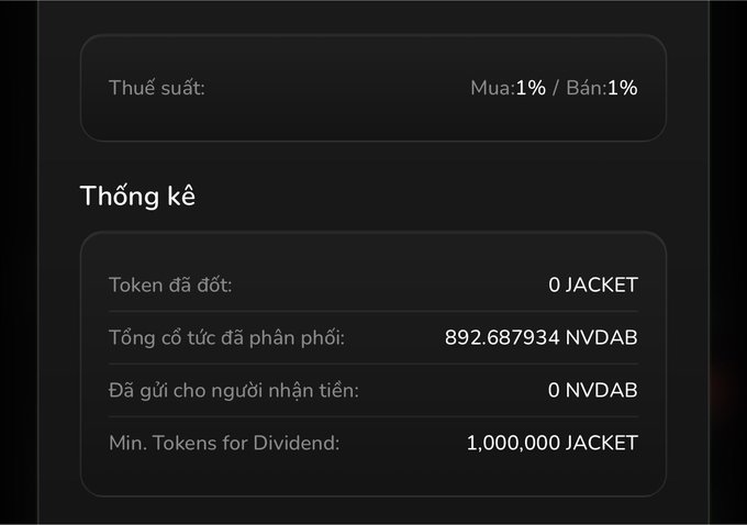 A dark cryptocurrency statistics screen in Vietnamese labeled 'Thống kê' showing 0 JACKET tokens burned, 892.687934 NVDAB total dividends distributed, 0 NVDAB sent to recipients, and a minimum of 1,000,000 JACKET required for dividends, with a 1% buy/sell tax.