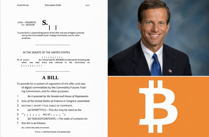 The image shows Senator John Thune (R-SD) alongside an official bill document and the Bitcoin logo, illustrating his filing of a motion to proceed on the Crypto Clarity Act—a bill aimed at providing CFTC regulation of digital commodities trading. The post connects these visuals to announce that a Senate vote on the Clarity Act is expected next month after the recess.