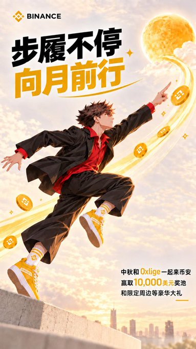A Binance cryptocurrency promotional graphic with Chinese text, featuring an anime-style character reaching toward a golden moon surrounded by gold coins.