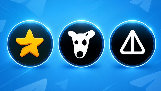 A graphic illustration on a blue background showing three circular icons: a yellow star, a white dog/animal face, and a white triangle outline, resembling app or game UI icons.