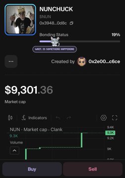 A mobile app screenshot showing a token called 'NUNCHUCK' with a bonding status of 19%, market cap of $9,301.36, and Buy/Sell buttons, displayed on a crypto trading interface.