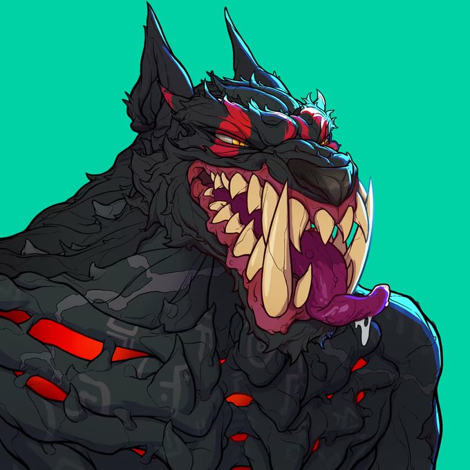 A fierce black werewolf-like creature with glowing red eyes, sharp yellow fangs, and a long tongue roars against a bright turquoise background, with red markings across its body.