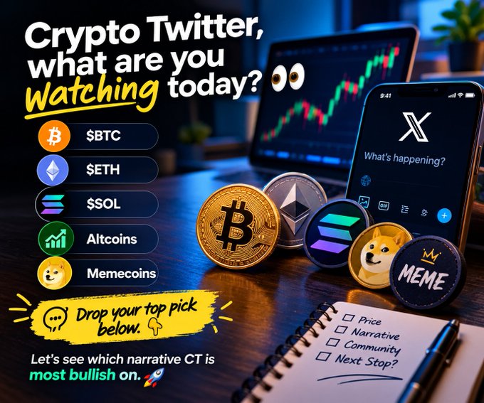 A promotional graphic asking 'Crypto Twitter, what are you watching today?' featuring tags for $BTC, $ETH, $SOL, Altcoins, and Memecoins, alongside an image of a phone displaying the X (Twitter) app, physical cryptocurrency coins, and a checklist with options like Price, Narrative, Community, and Next Stop.
