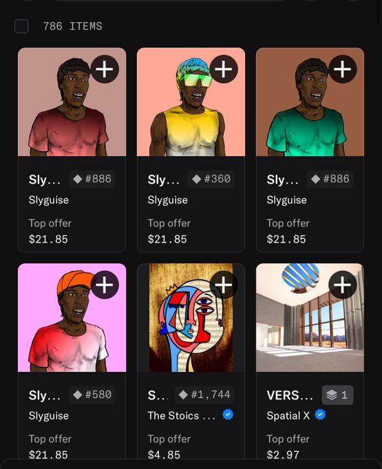 A screenshot of an NFT marketplace interface showing 786 items, with several listings for "Slyguise" Top offers at $21.85 alongside other artworks including "The Stoics" and "Spatial X."