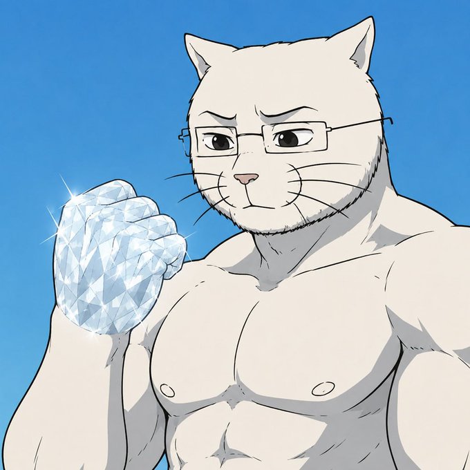 An illustration of a muscular white cat wearing rectangular glasses, holding up a large sparkling diamond against a blue sky background.