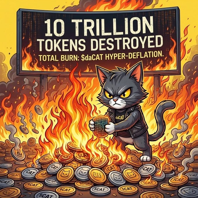 An illustrated promotional graphic featuring an angry cartoon cat surrounded by flames and cryptocurrency tokens, with a sign reading '10 TRILLION TOKENS DESTROYED - TOTAL BURN: $daCAT HYPER-DEFLATION.'