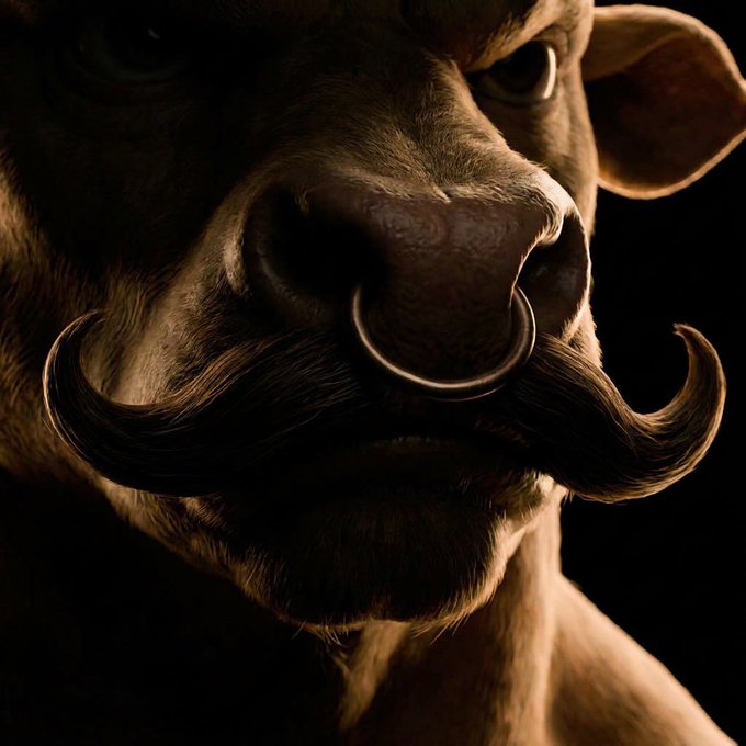 A dramatic close-up of a brown dog's face featuring a curled handlebar mustache and a nose ring against a dark background.