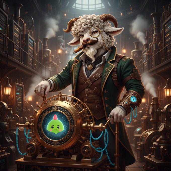 The image features an illustration of a man dressed as a sheep, complete with a hat, coat, and mustache. He appears to be smoking a pipe while standing next to a large machine that has a green fish on its surface. The man is wearing a tie, which adds to his overall appearance as a character from a story or movie. The image also includes the text "Man these gSleep mentions are everywhere the past couple days @sleepagotchi has the whole timeline treating solid sleep like its the new community flex. Sleep streaks actually being engaging is a whole vibe I didnt expect from a web3 project."