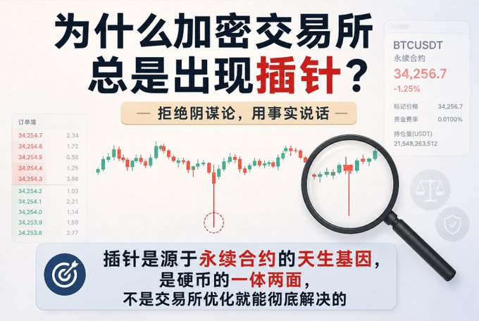 Chinese promotional graphic asking "为什么加密交易所总是出现插针？" (Why do crypto exchanges always have wicks?), showing a BTCUSDT perpetual contract chart at 34,256.7 (-1.25%) with a magnifying glass highlighting a wick, and text explaining that wicks are inherent to perpetual contracts.