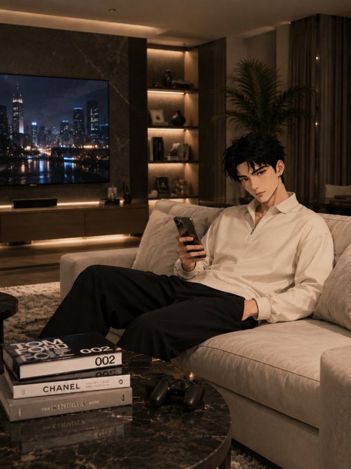 An anime-style illustration of a young man sitting on a couch in a modern living room, looking at a smartphone, with coffee table books labeled "TOM FORD", "002", and "CHANEL" nearby.