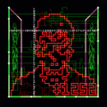 A pixel art image of a red character on a dark background with grid lines and Japanese text at the bottom.