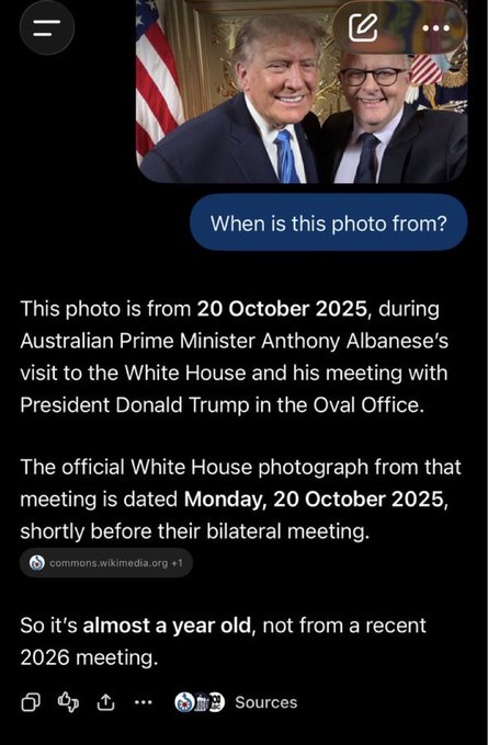 A screenshot of an AI search interface showing a photo of Donald Trump and Anthony Albanese, with the text noting the photo is from 20 October 2025 during Albanese's visit to the White House.