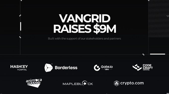 A black promotional banner reading 'VANGRID RAISES $9M' with the tagline 'Built with the support of our stakeholders and partners,' displaying logos of backers including HASHKEY CAPITAL, Borderless, Gate.io Labs, CODE CRAFT CAPITAL, Animoca Brands, Mapleblock, and crypto.com.
