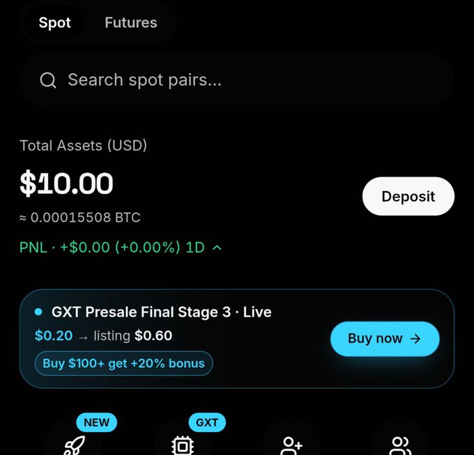 A cryptocurrency trading app shows Total Assets of $10.00 (≈ 0.00015508 BTC) with a 'GXT Presale Final Stage 3' advertisement offering a +20% bonus.