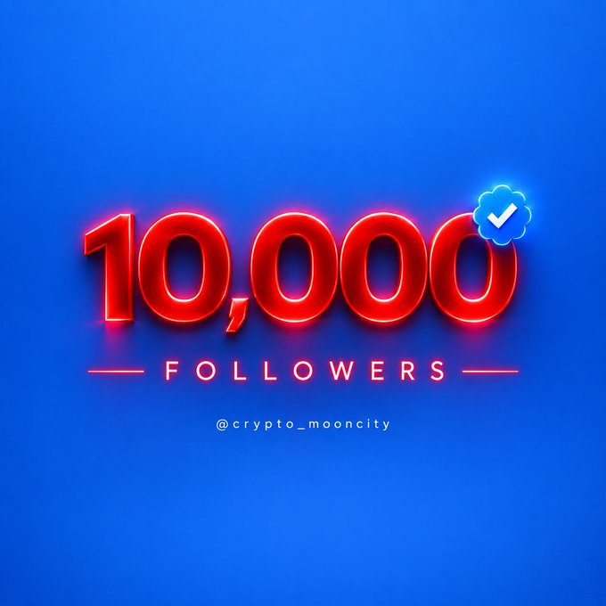 A digital graphic displays '10,000 FOLLOWERS' in red neon-style text on a blue background with a verification checkmark and the handle '@crypto_mooncity'.
