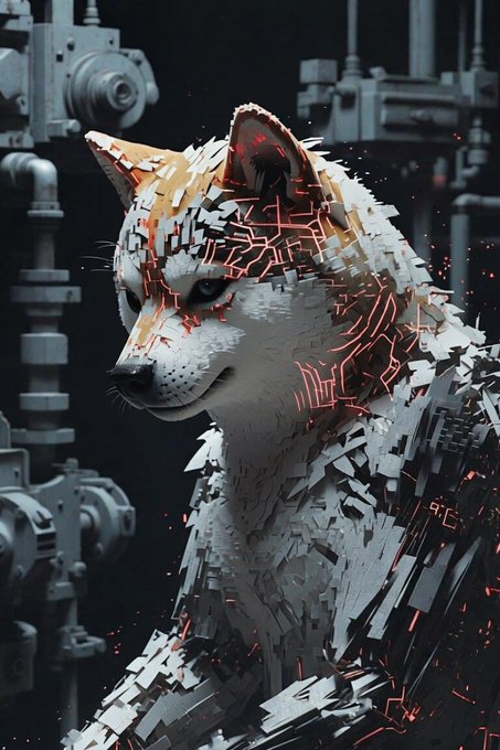 A digital artwork of a fox-like creature made of fragmented metallic shards with glowing red circuit-like patterns, set against an industrial background of pipes and machinery.