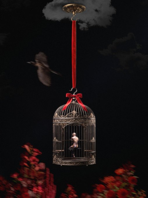 A dark, surreal scene featuring a birdcage hanging from a red ribbon, containing a small figure, with a bird flying nearby and red foliage below.