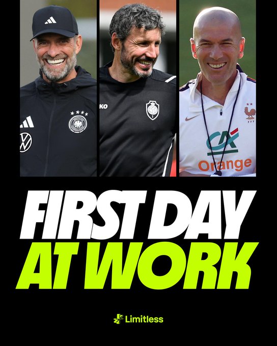 A graphic titled 'FIRST DAY AT WORK' featuring three smiling men, including what appears to be football managers or coaches, with logos for Germany, Bayer Leverkusen, and France visible on their clothing, sponsored by Limitless.