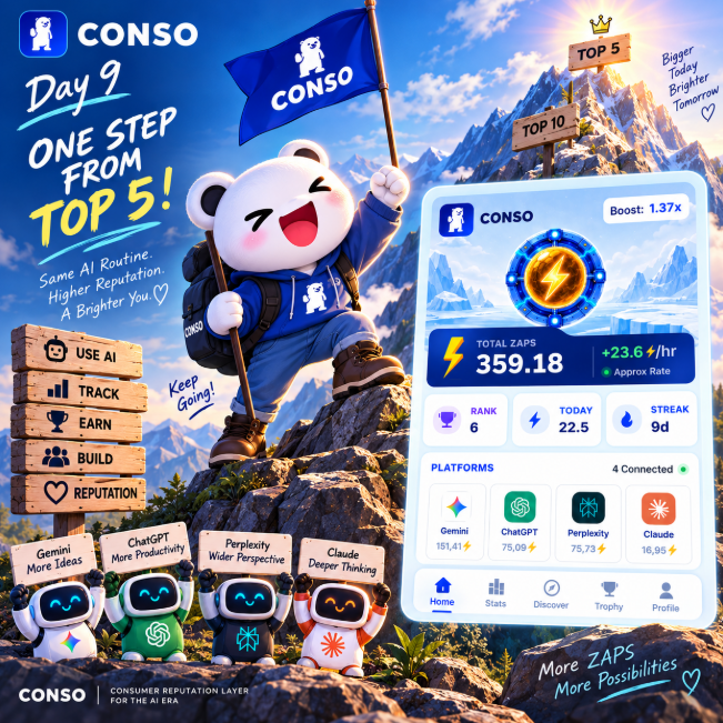 A promotional image for "CONSO - Day 9" featuring a panda mascot on a mountain summit, advertising a Consumer Reputation Layer for AI with stats showing 359.18 ZAPS and integrations with Gemini, ChatGPT, Perplexity, and Claude.