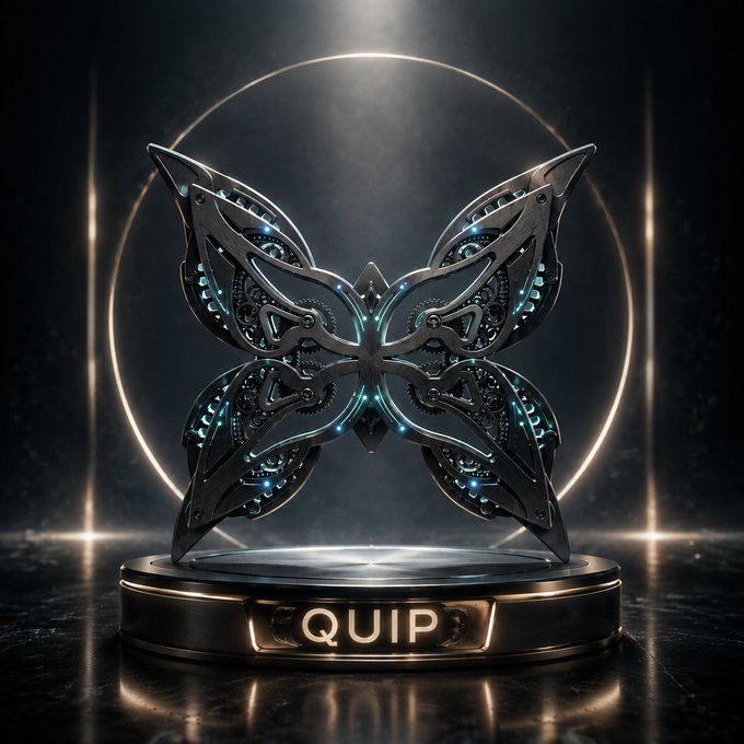 A 3D-rendered metallic butterfly with mechanical details and glowing blue accents displayed on a pedestal labeled 'QUIP' with a glowing ring behind it.