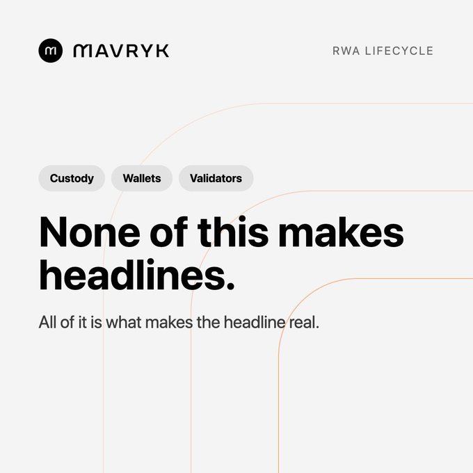 A minimalist graphic for "MAVRYK" with the header "RWA LIFECYCLE" displays three tags ("Custody," "Wallets," "Validators") and the bold text "None of this makes headlines." followed by "All of it is what makes the headline real."