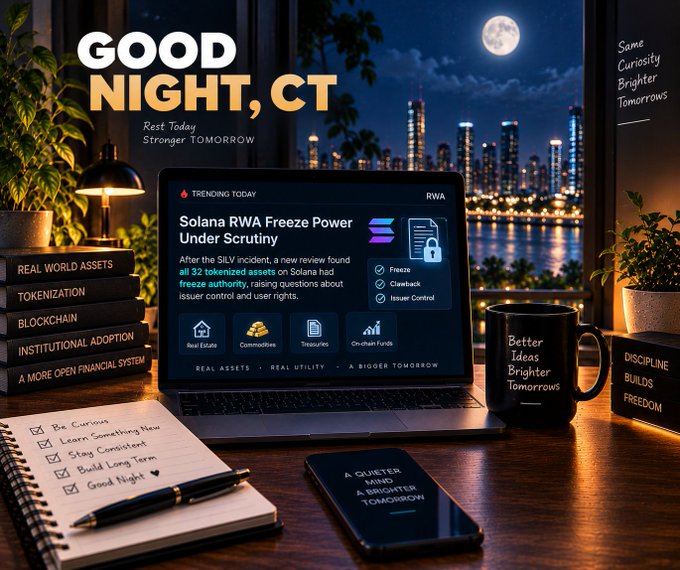 A stylized 'GOOD NIGHT, CT' graphic shows a desk at night with a laptop displaying an article about 'Solana RWA Freeze Power Under Scrutiny', alongside a notebook with checklist items like 'Be Curious' and 'Learn Something New', and a coffee mug reading 'Better Ideas Brighter Tomorrows'.