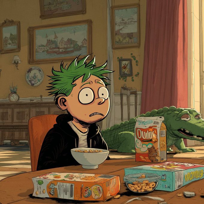 In a cozy, cartoon-style room, a wide-eyed boy with spiky green hair sits at a table looking startled, with a bowl of cereal in front of him and an alligator lounging on the couch behind several colorful cereal boxes. The post "GMs" likely refers to the absurdist, hand-crafted feel of the image, evoking the whimsical "morning routine" scene as if it were a prompt for an AI image generator.