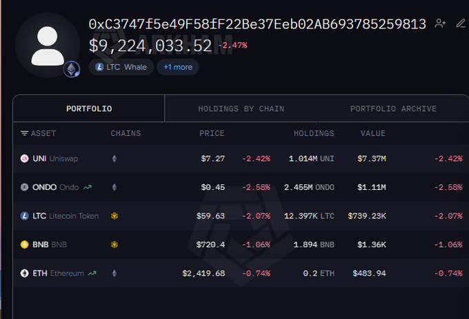 A cryptocurrency portfolio dashboard showing a total value of $9,224,033.52 with holdings in UNI, ONDO, LTC (12.397 LTC at $59.63), BNB, and ETH.