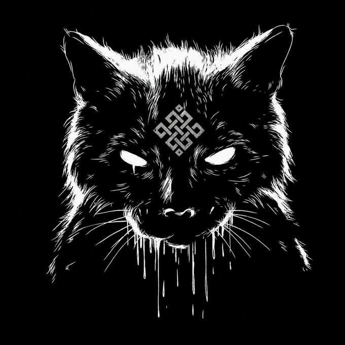 The image features a black cat with white eyes, which appears to be staring directly at the viewer. The cat's face has a skull design on its forehead, adding an eerie element to the scene. The background of the image is black, making the white elements stand out even more. The caption below the image reads: "gRitual Anything that distracts you from your focus will destroy you, focus on your goals, like a ritual! They always have a solid vision and mission, so rituals are considered the no-fud project no !"